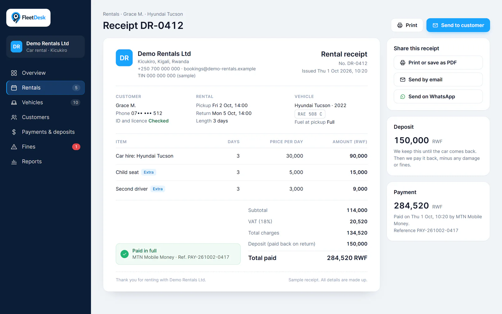 A FleetDesk rental receipt with sample data: itemised charges, extras, 18% VAT, deposit, payment reference and the rental company's TIN