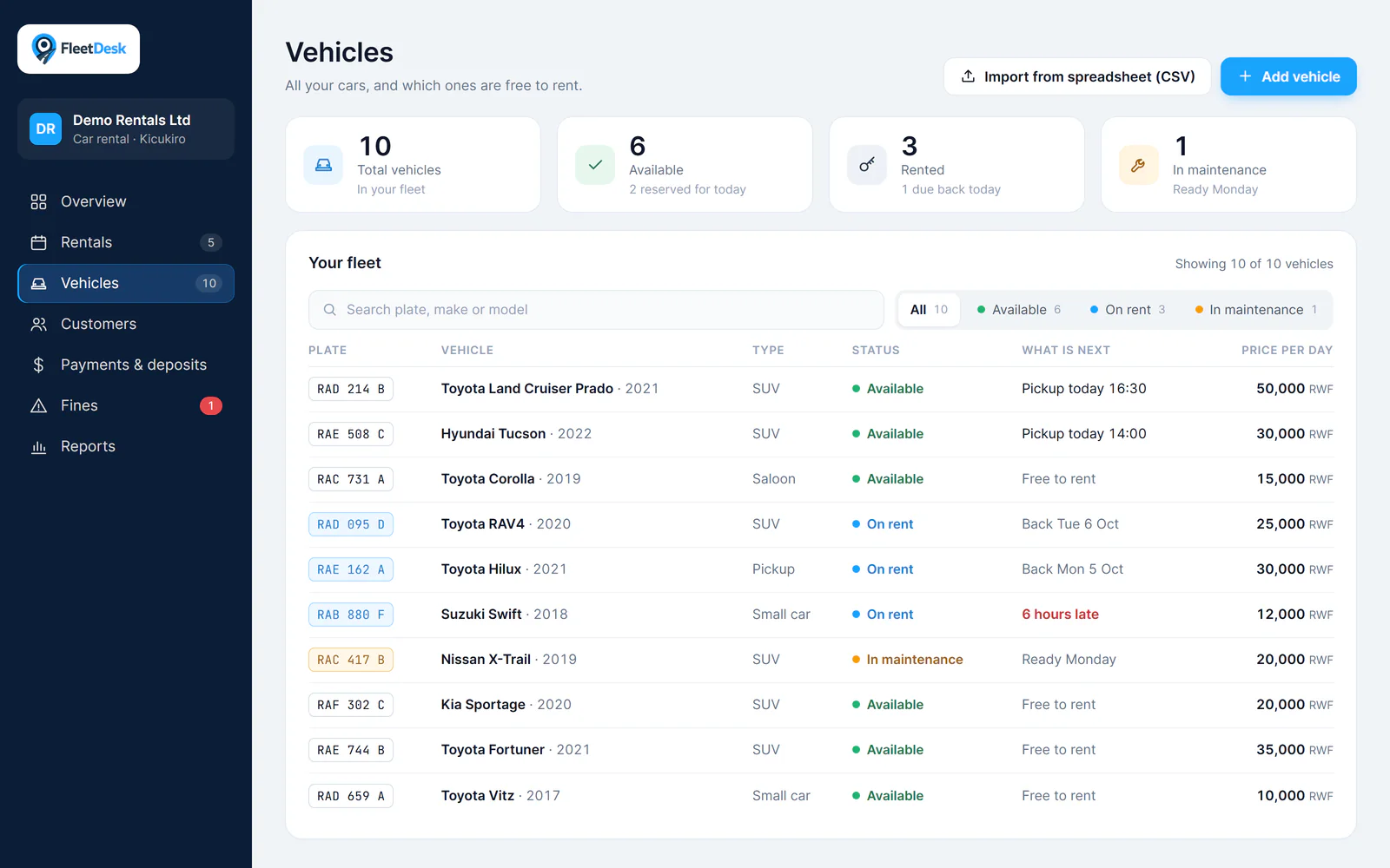 FleetDesk vehicles list with sample data: total, available, rented and in-maintenance counts, search, status filters and a spreadsheet import button