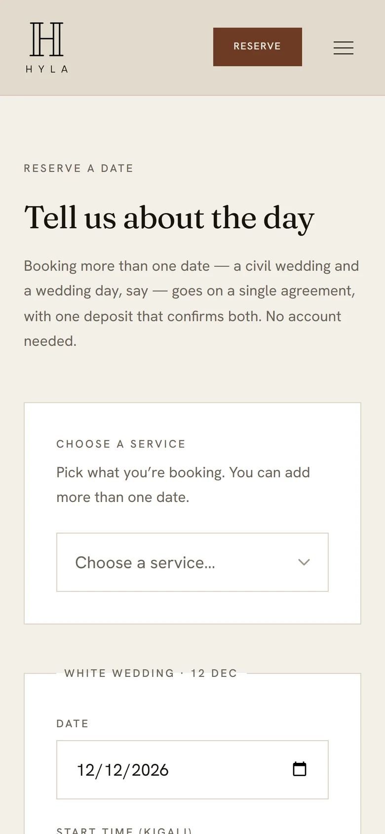 The HYLA booking page on a phone: a client picks a white wedding and sets the date